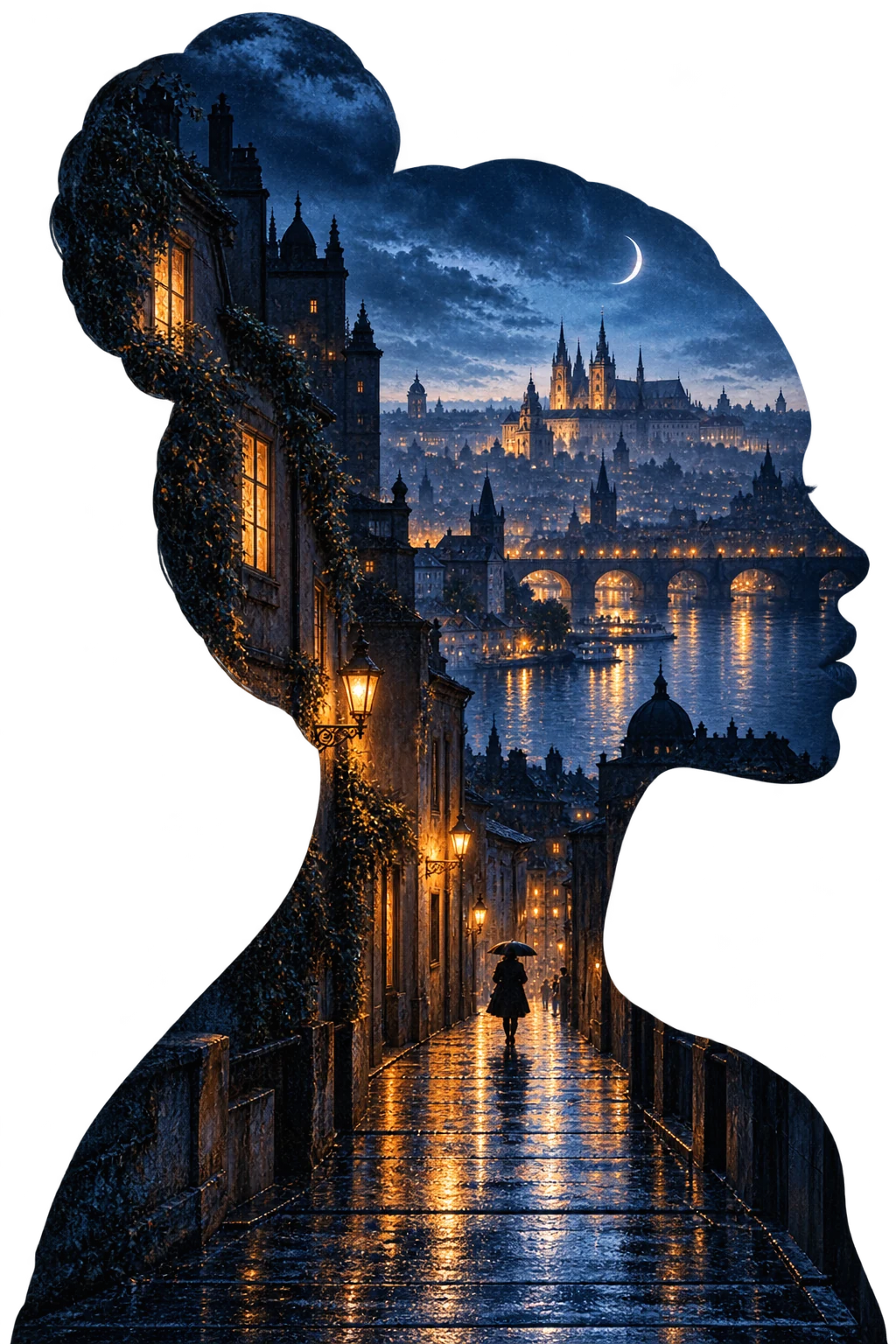 An abstract silhouette containing a rainy evening city