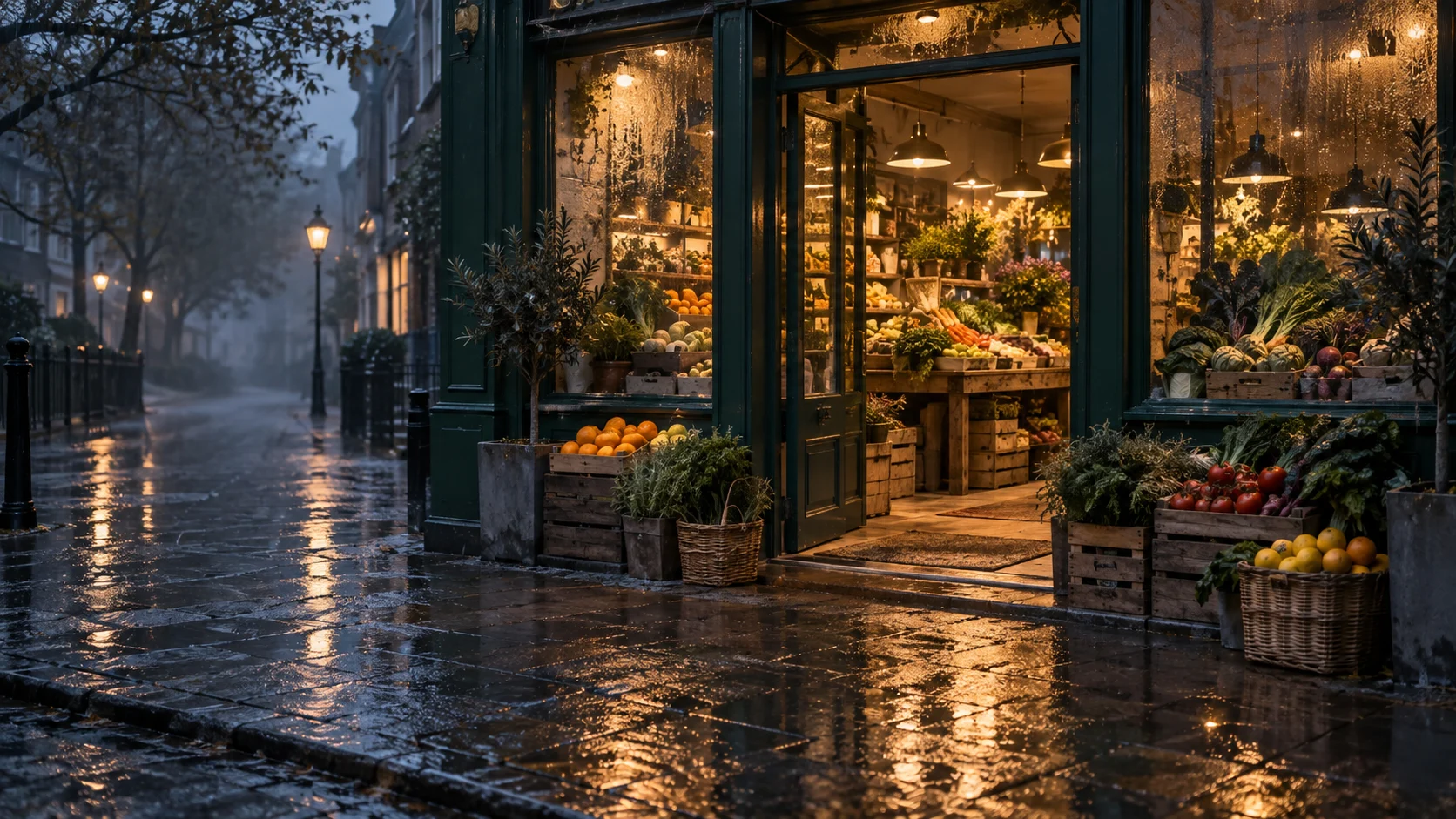 The illuminated Good Ground neighbourhood shop on a rainy evening