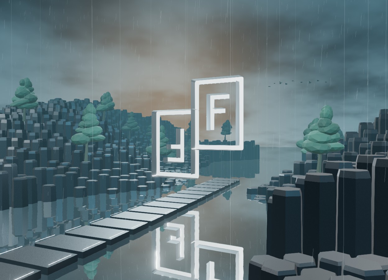 The illuminated 2F Studio monument over a reflective landscape